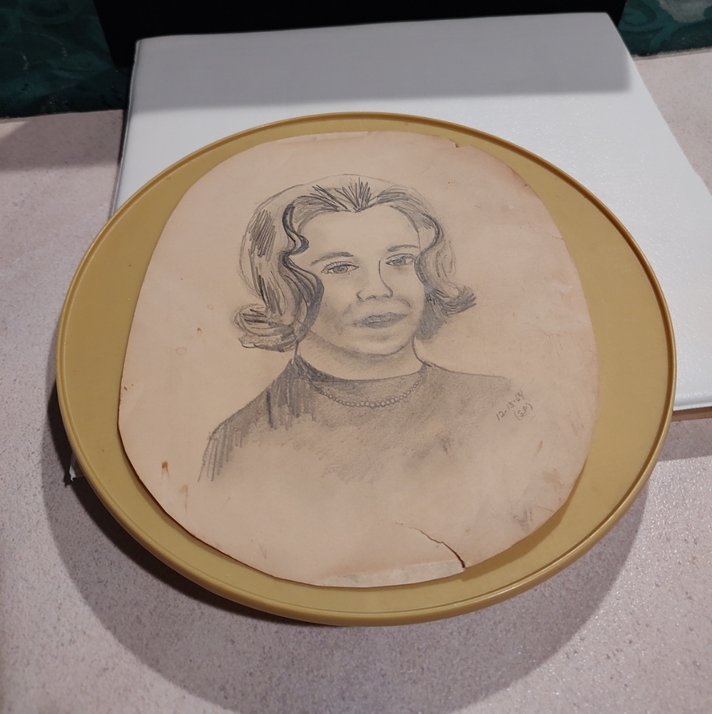 Vintage original graphite pencil drawing of a self-portrait by Kathleen Corbett